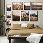 Настенный Плакат С закатом, пейзажем природы, рисование на стене, язычковое поле, коричневые цветы, трава, печать на холсте, картины для гостиной, декор TB118