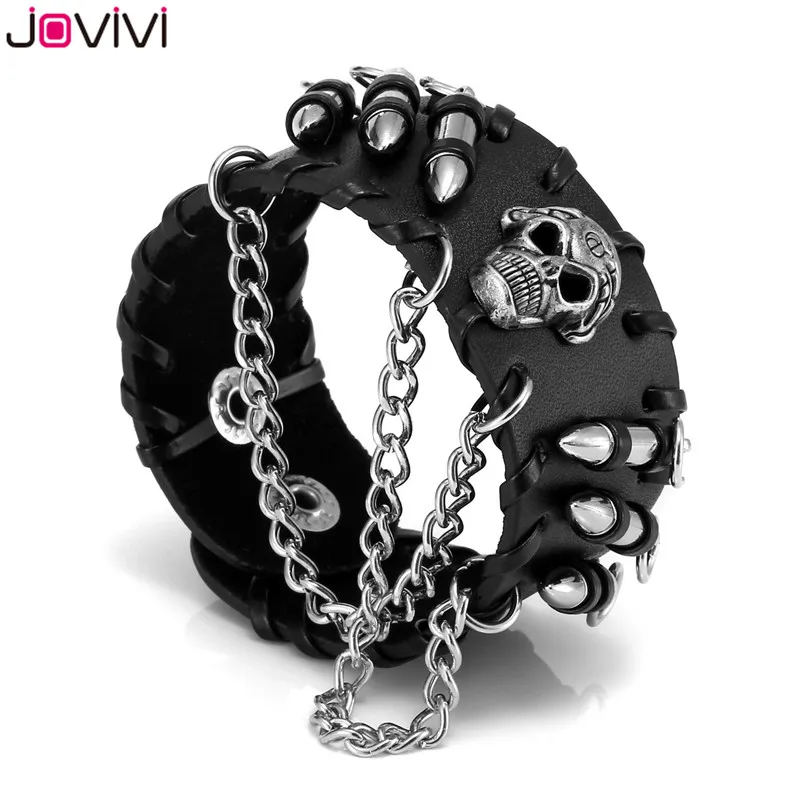 Jovivi 1x мужские браслеты металлические байкерские черные широкие пули черепа