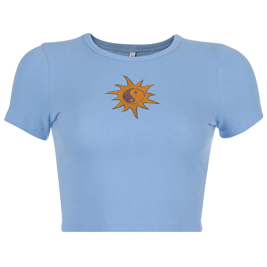

T-shirt Women Summer Korean Fashion Casual Loose O-Neck Short Sleeve Print Little Sun Pattern Embroidery Female Short Crop Top #
