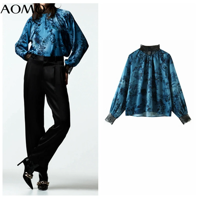 

Женская винтажная рубашка в стиле пэчворк AOMO, голубая кружевная рубашка с цветочным принтом и длинными рукавами, модель 2021 года, шикарная Же...