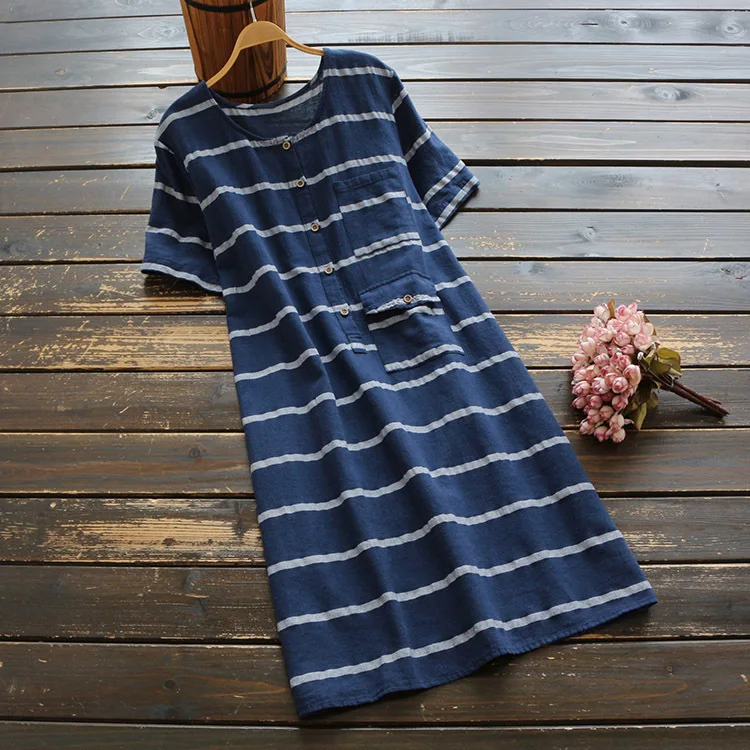 

6277New summer women's clothes dress artistic vintage stripe pocket decorative round neck short sleeveaChinese skirt