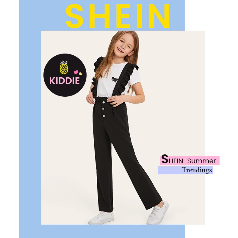 SHEIN Kiddie/черные однотонные брюки на пуговицах, возможность носить с брюками с рюшами на бретелях, детские штаны г., Осенние прямые длинные штаны для подростков