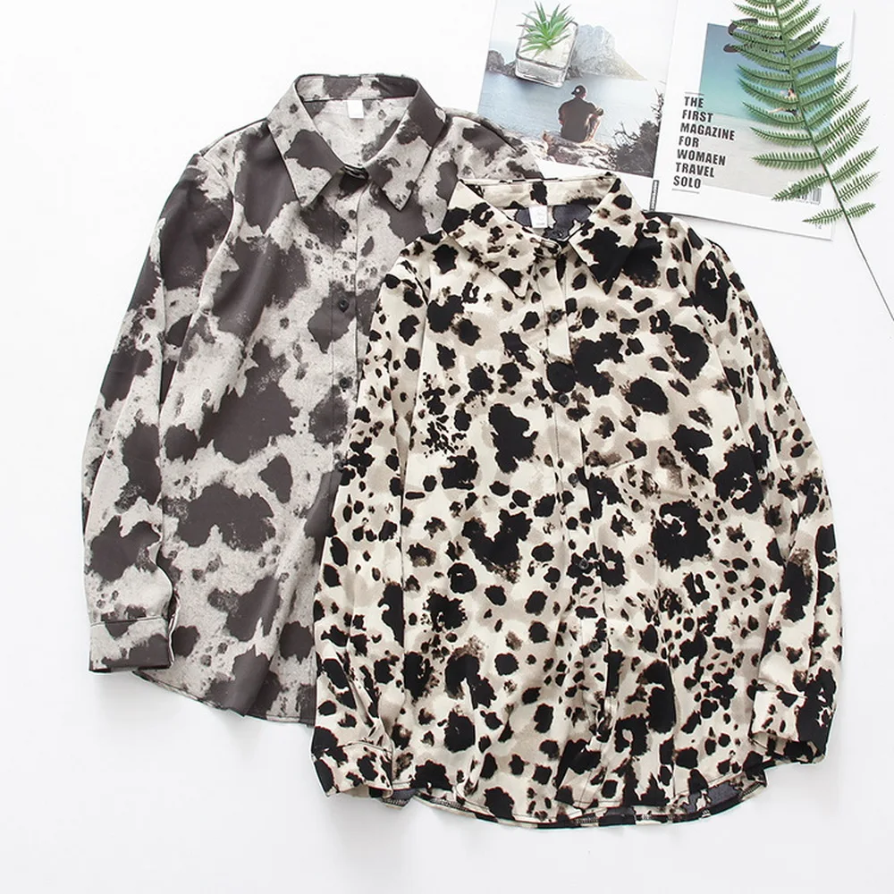 

2021 Spring and Autumn Women's Temperament Leopard Print Lapel Single-breasted Long Sleeve Loose Shirt Femme Tops Mujer