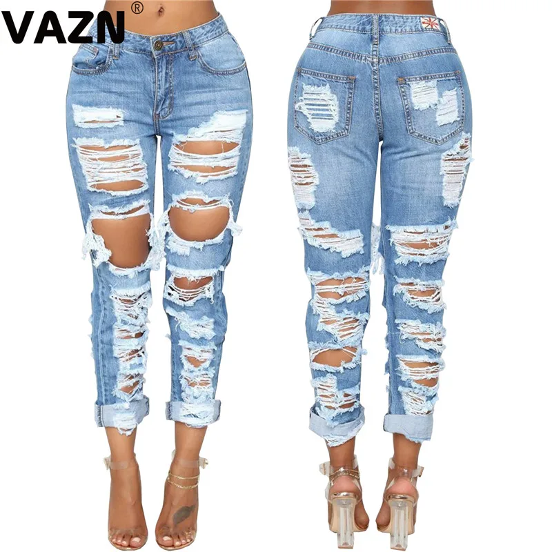 VAZN HSF2061 хит продаж товар 2019 летние сексуальные женские синие джинсы свободные