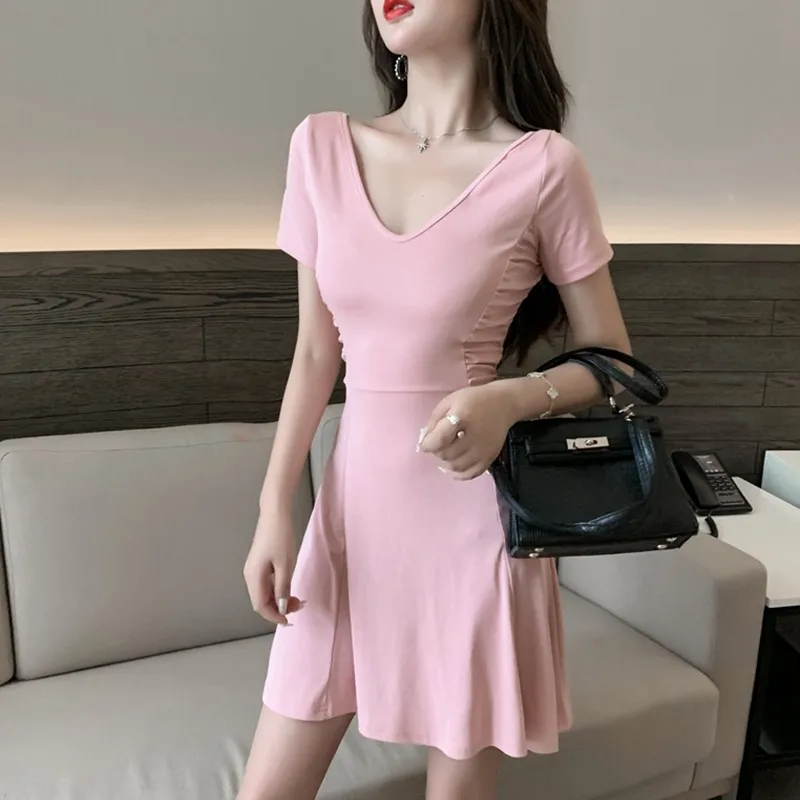 

Summer Casual Mini Dresses 2020 Fashion V Neck A Line Black Sexy Dress Women Korean Clothes Pink Red Short Elegant Party Dress