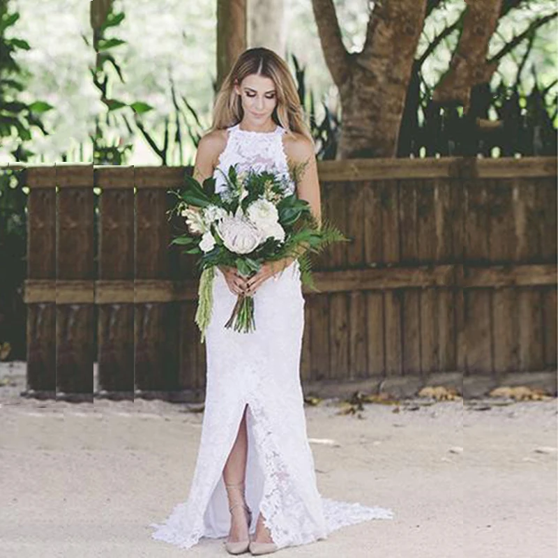 

Кружевное свадебное платье с открытой спиной, белое, без рукавов, с разрезом спереди