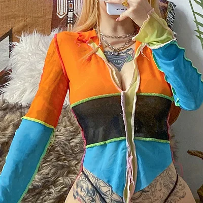 

See Through Women Crop Tops Long Sleeve Patchwork T Shirts Deep V Neck Party Club Fashion Street Style Tee