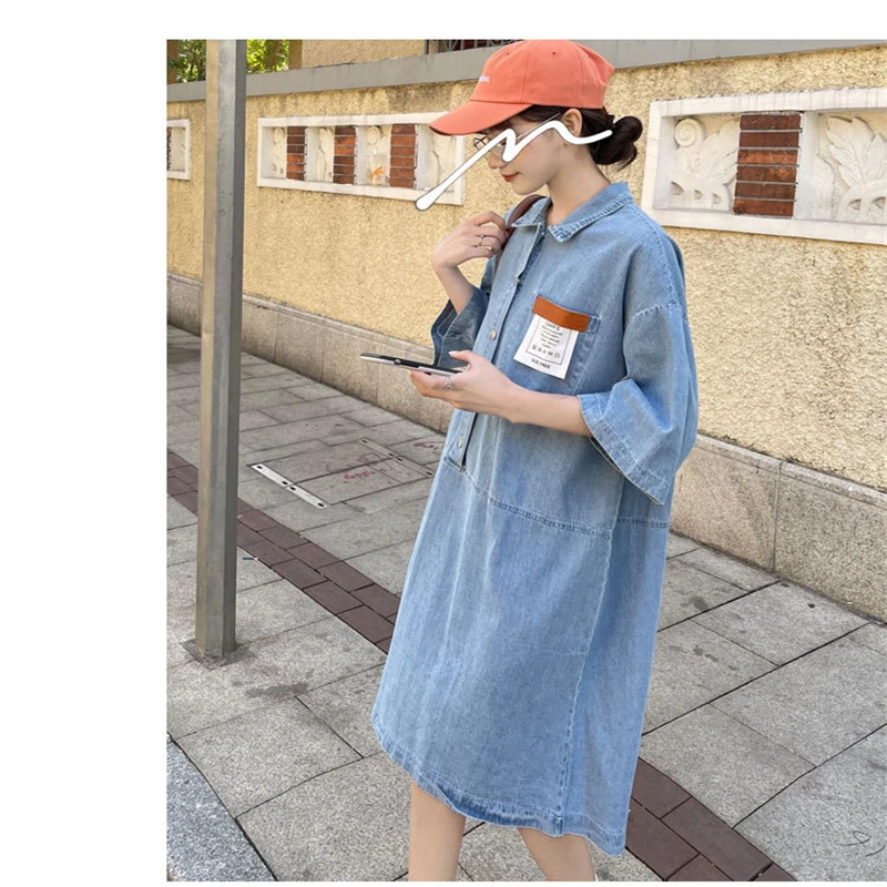 

2021 Summer Letter Printed Women Denim Dress Short Sleeve Loose Plus Size Dress With Pocket Turn-down Collar Button Casual Dress