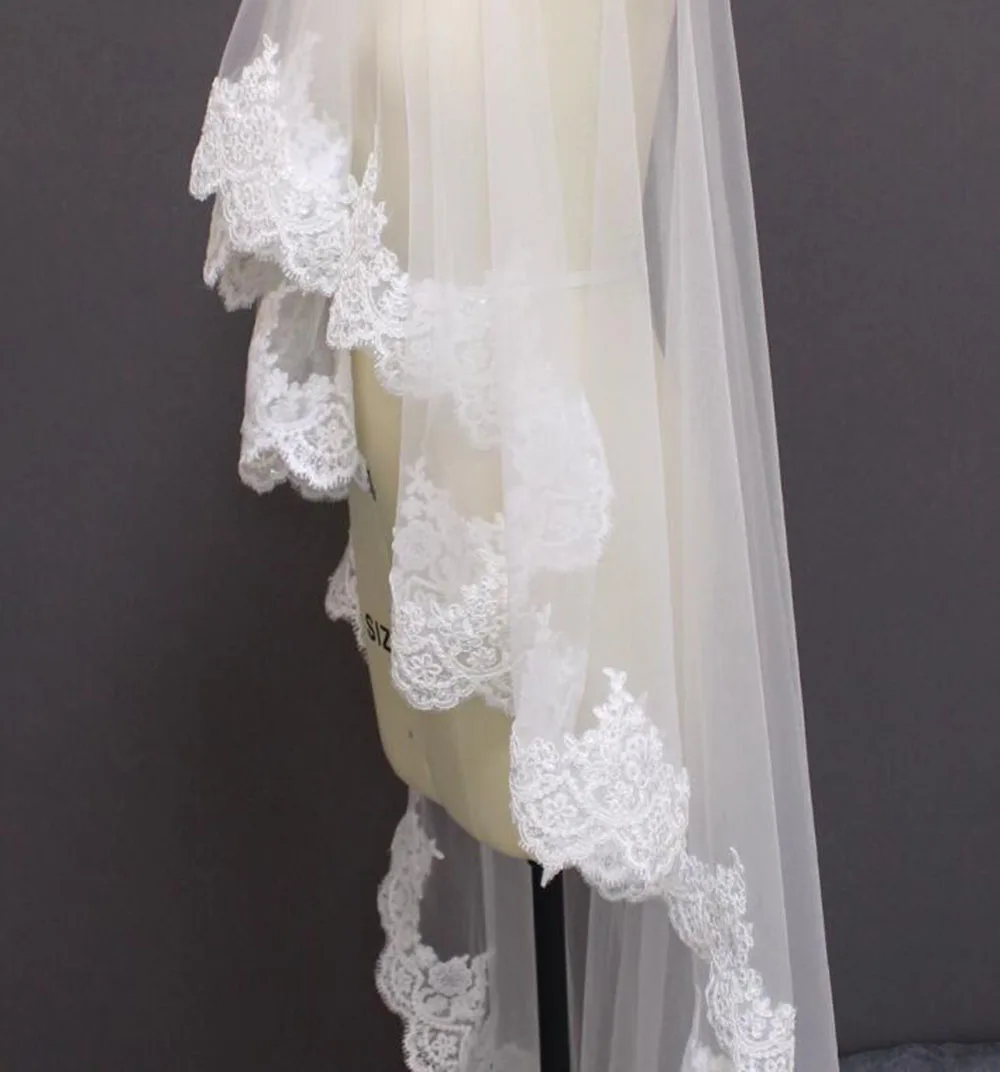 Фата свадебная кружевная без расчески однослойная с блестками длиной 2 метра