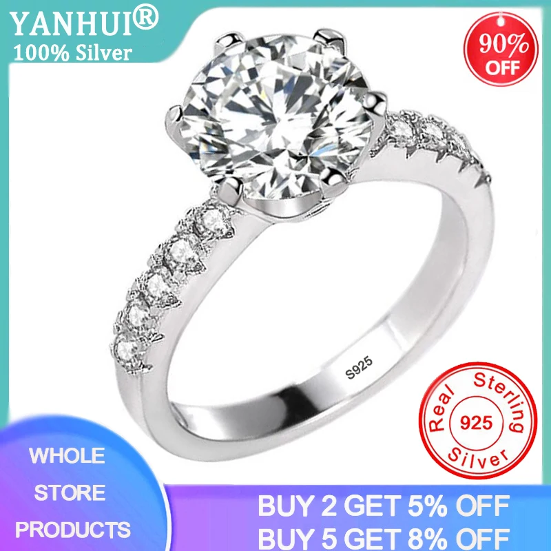 

YANHUI With Certificate S925 Stamp Pure Solid 925 Silver Ring Round Solitaire 8mm 2.0ct Zirconia Diamond Wedding Rings For Women