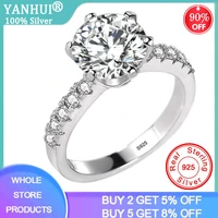 yanhui with certificate s925 stamp pure solid 925 silver ring round solitaire 8mm 2 0ct zirconia diamond wedding rings for women