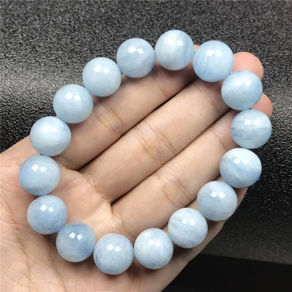 

13mm Natural Blue Aquamarine Beads Bracelet Jewelry For Woman Lady Man Stretch Round Healing Crystal Rare Gemstone AAAAA