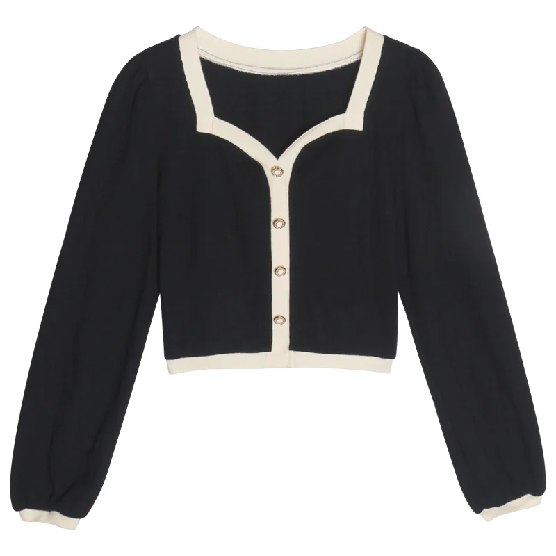 Neck T-shirt French Loose Contrast Color Aging Short Long Sleeve Top 2021 Early Autumn |