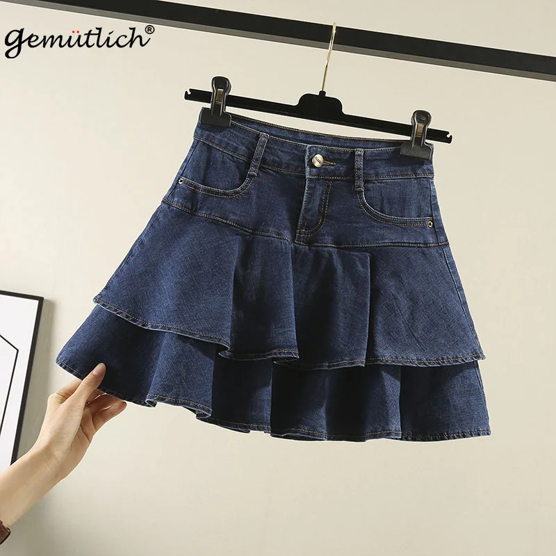 Женская джинсовая мини-юбка с оборками S-9XL высокой талией в стиле преппи