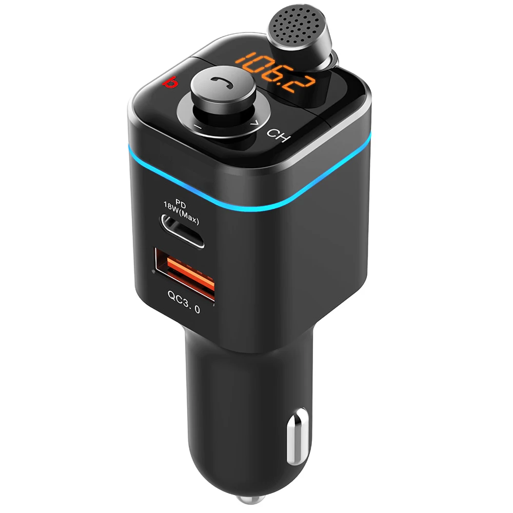

Bluetooth 5.0 Car FM Transmitter Microphone Wireless Car Charger Hands-Free Call Type-c PD 18W QC3.0 Fast Charging FM Modulator