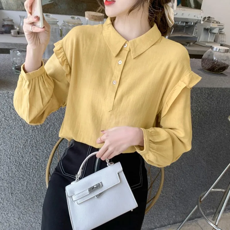 

Women Cotton Casual Shirts New Arrival 2021 Spring Korean Preppy Style Turn-down Collar Loose Ladies Long Sleeve Tops W138