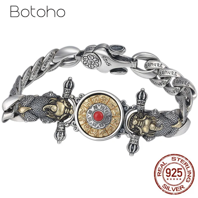 

925 Sterling Silver color Buddha Bracelet for men Vajra Zodiac Mantra Lucky brave troops Rotatable Bracelet Bangle Jewelry Gifts