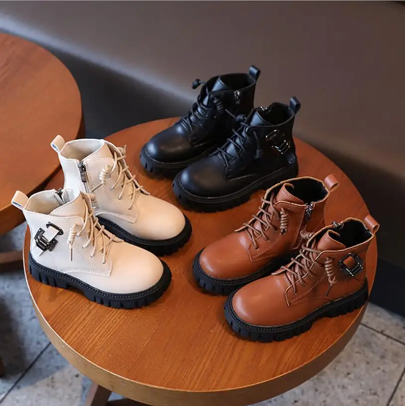 

Girls leather boots autumn new princess Martin boots boys and girls students casual mid-tube buckle Keep warm boots size 26-36