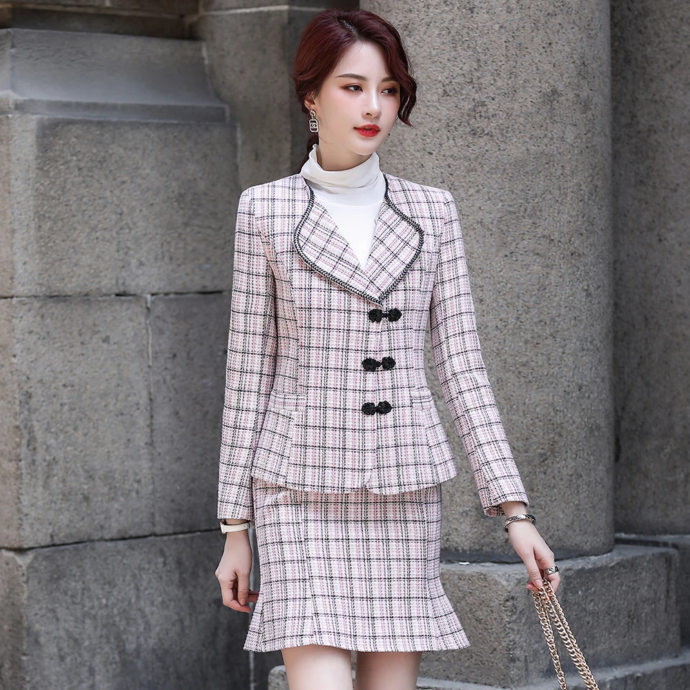

elegant ladies plaid skirt suits women pink blue apricot two pieces set Chinese style female mini skirt and V-neck blazer skirts