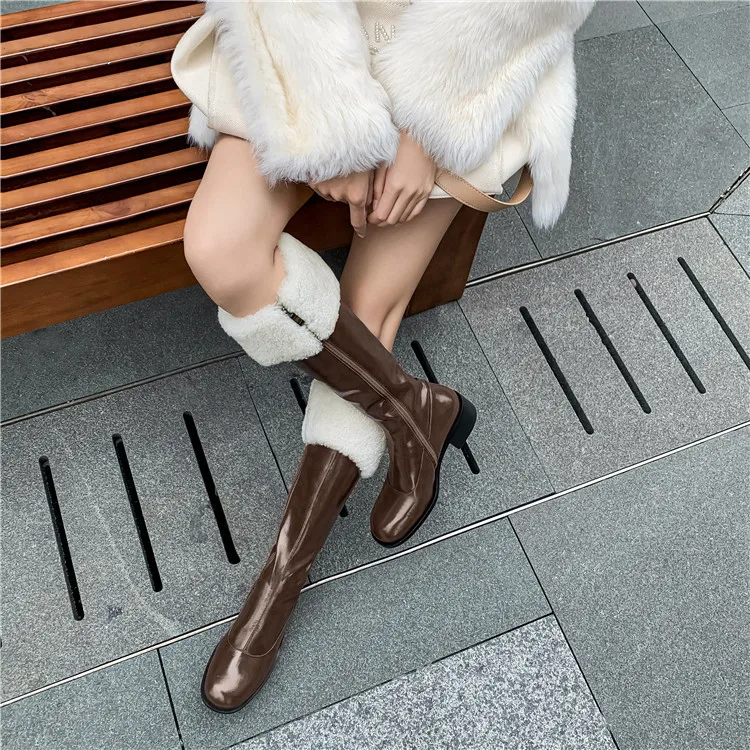 

All-match Round Toe Thick-heel Knee-high Woman Snow Boots Plus Velvet Wool Square Heel Med Boots Winteer Sutumn