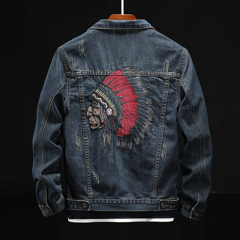 2020 Vintage Denim Jacket Embroidered Indian Slim Cowboy Light Blue Dark Long Sleeve Jeans Coat Large Size M-XXXL | Мужская одежда