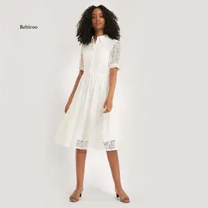 Women Summer Short Sleeve Solid Midi Dress Lace White Slim Dresses Casual Chiffon Maxi Women's Clothing Ladies Clothes 10 item image