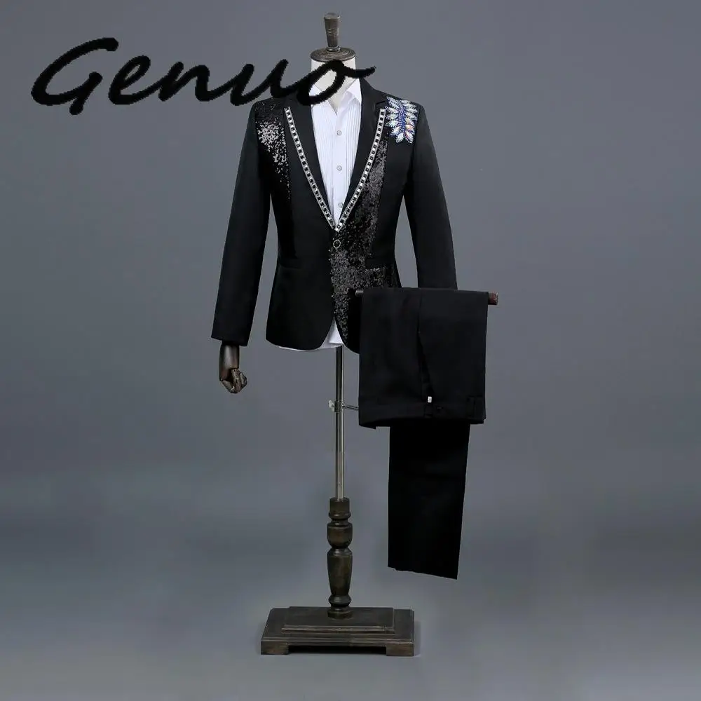 

2019 Men's Black And White Sequins Inlaid Crystal DJ Singer Nightclub Suit Jacket Wedding Suit Blazer Costumes(Jacket+Pants)
