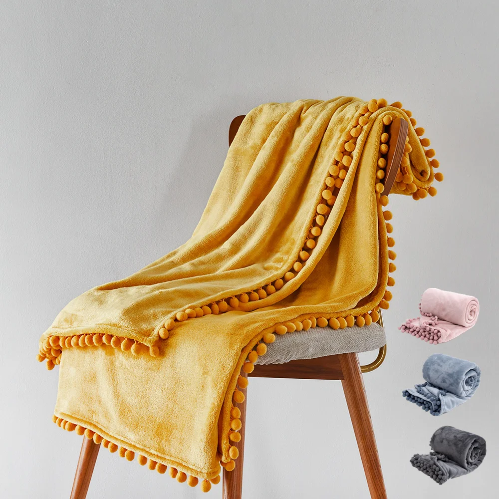 

Thicken Flannel Blanket With Balls Bedspread For Bed Sofa Solid Color Warm Soft Throw Blanket Bed Cover Sofa Cover Yellow Grey