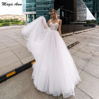 magic awn 2021 princess lace wedding dresses spaghetti straps soft tulle boho a line wedding party gowns for bridal beach robes