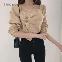high waist slim fit short blouse pleated irregular solid autumn spring sexy exposed collarbone shirt