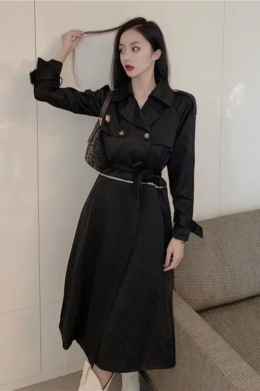 

Women's Double-breasted Trench Long Coat Classic Lapel Overcoat Slim Removable Hem Outerwear Jacket with Belt