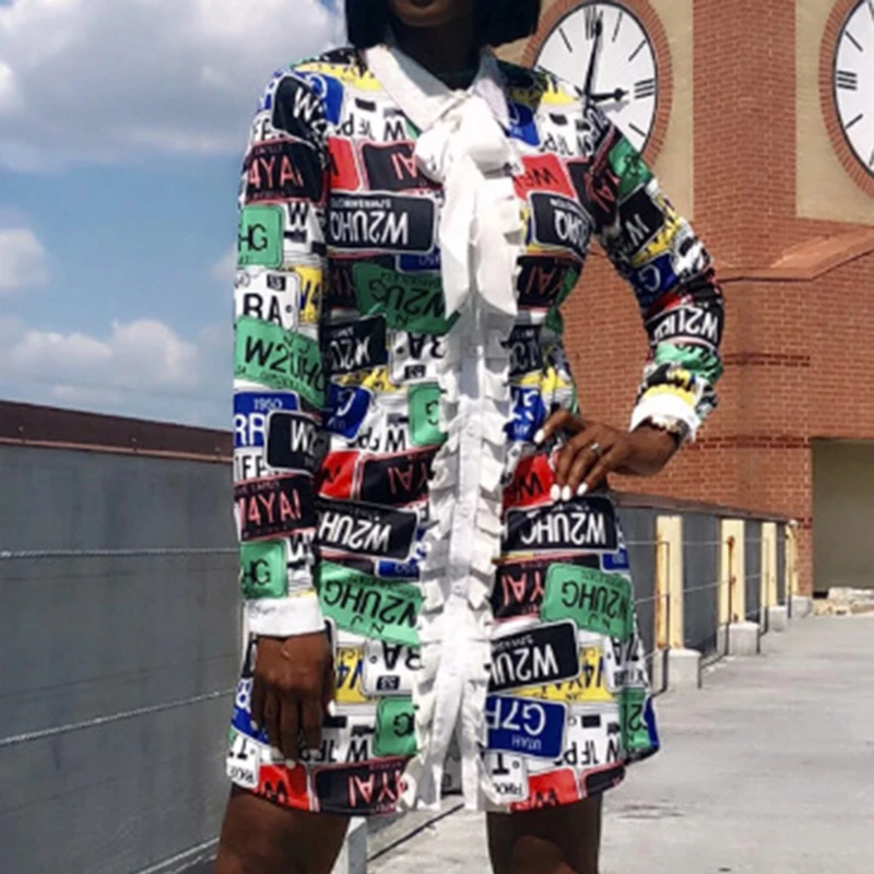 Женское платье с буквенным принтом бантом длинным рукавом элегантное офисное