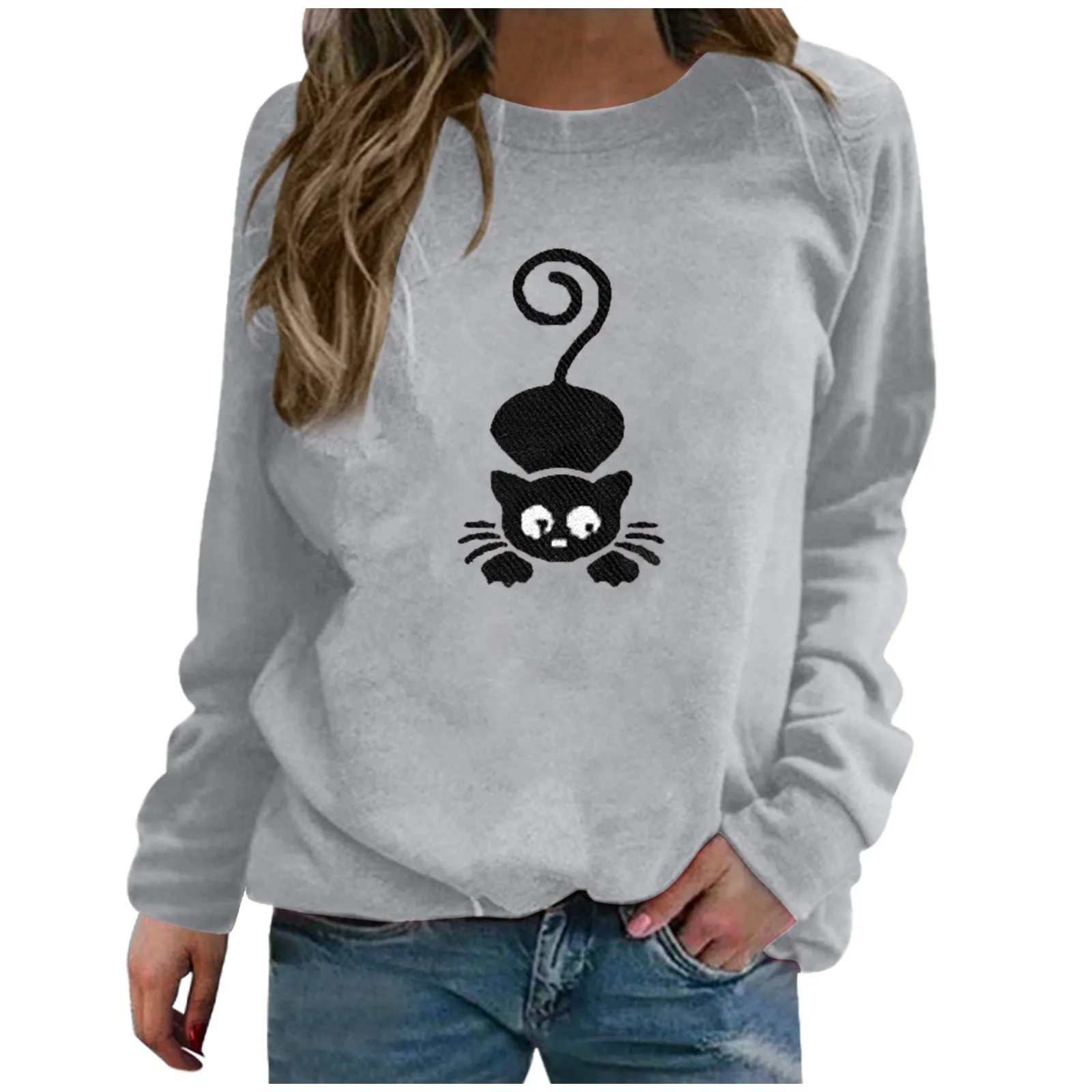 

Женская толстовка с круглым вырезом, осенне-зимние толстовки с забавным принтом кота в стиле Харадзюку, повседневный пуловер с длинным рука...