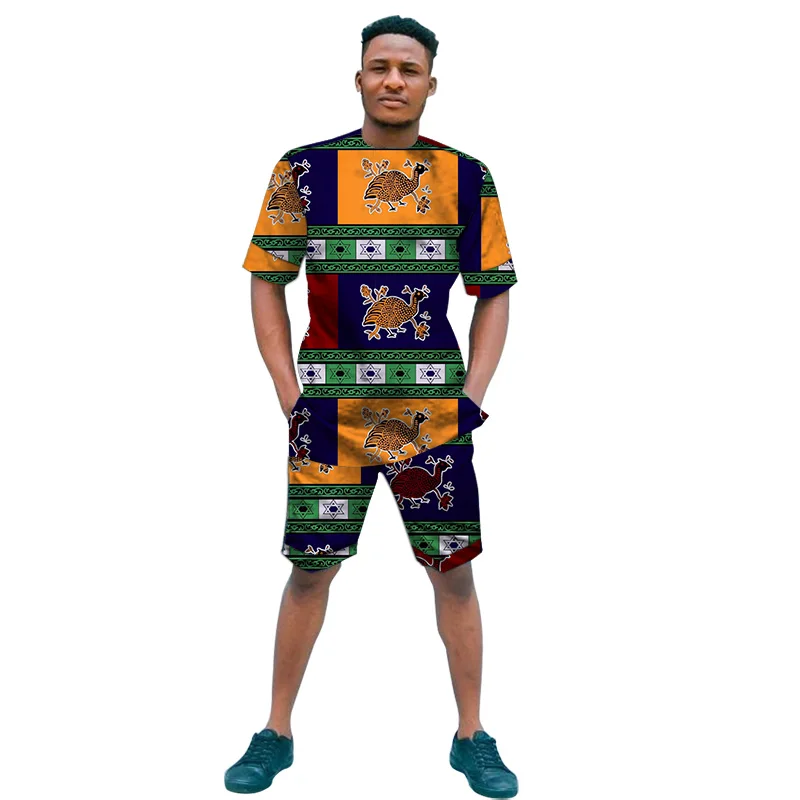 

African print clothes men shorts sets short sleeve shirts with shorts Ankara outfits o-neck tops and shorts African grrom suits