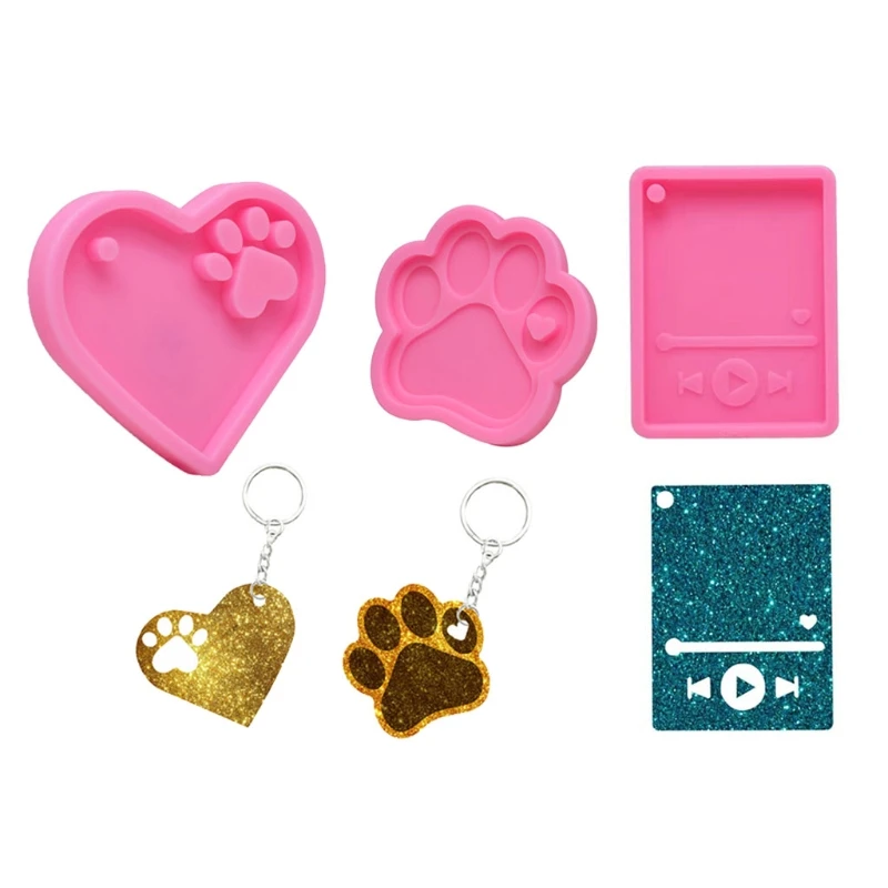 

3 Pcs/Set Dogs Paw Love Heart MP3 Keychain Epoxy Resin Mold Jewelry Pendants Silicone Mould DIY Crafts Ornaments Mold