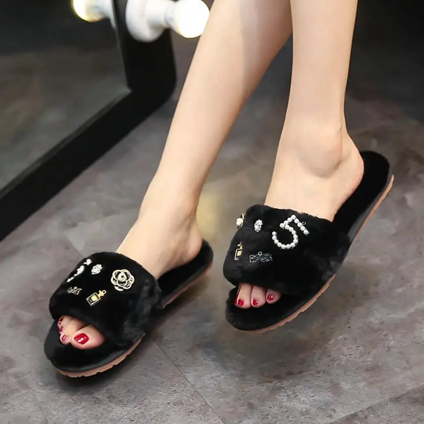 

XXX perfume flower fur slippers women plush flip flops camellia pearl beading fur sandals women pantufas cozy home slides XXX