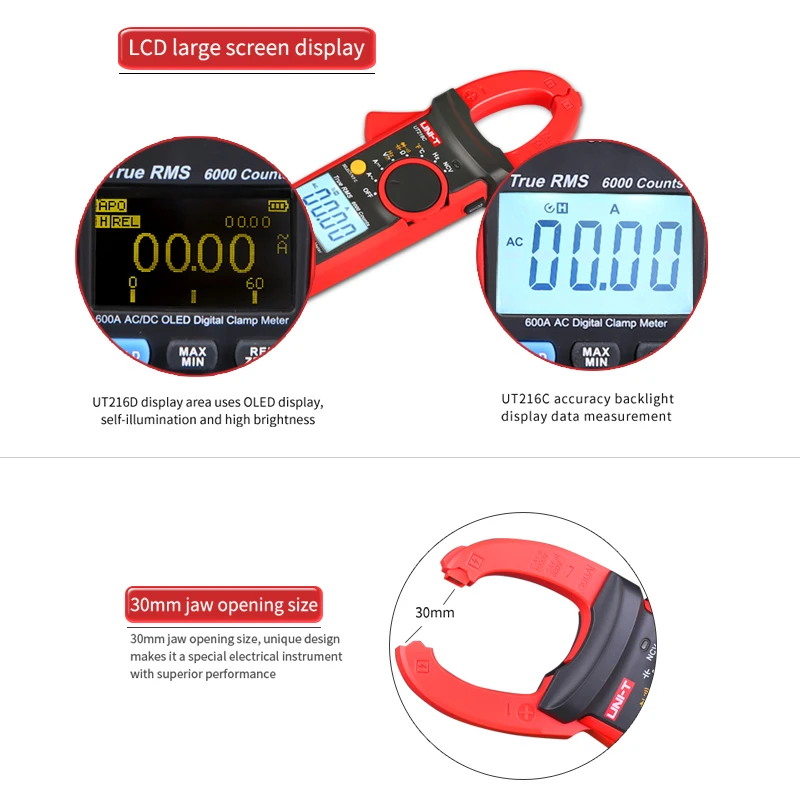 UNI-T цифровой клещи AC DC Измерение тока RMS частота емкость температура и NCV тестер UT216C UT216D