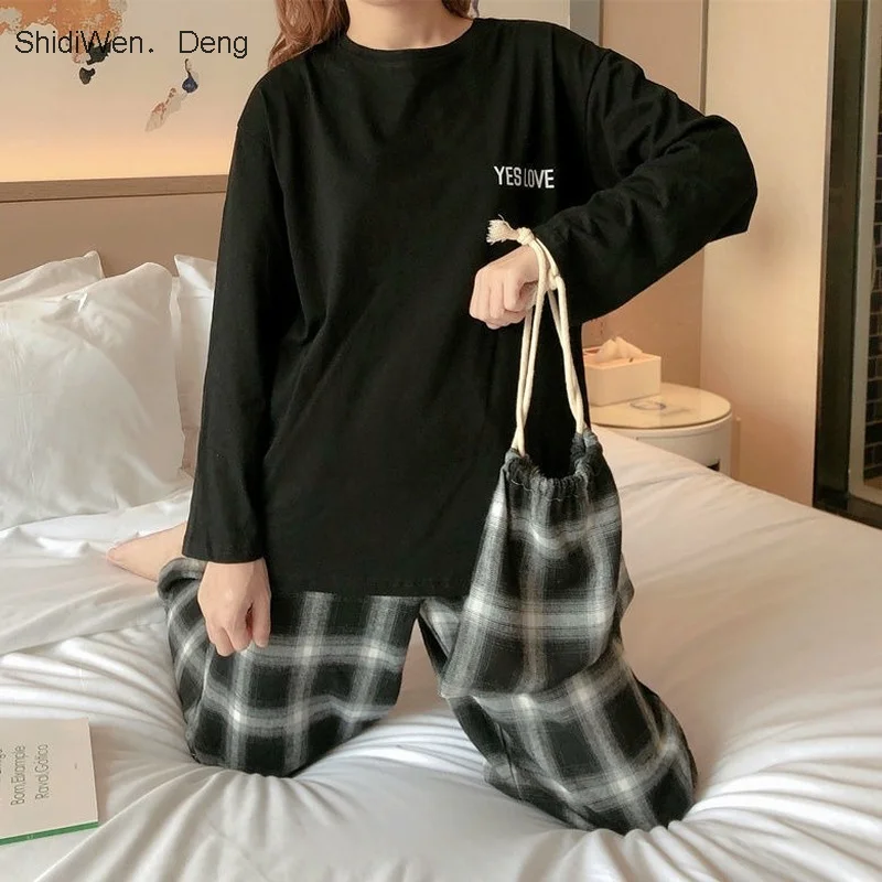 

Home Clothes for Women Sleepwear Set Plaid Pants Letter Solid Top Pajamas for Women Pijamas Mujer Spring and Autum Pyjamas Women