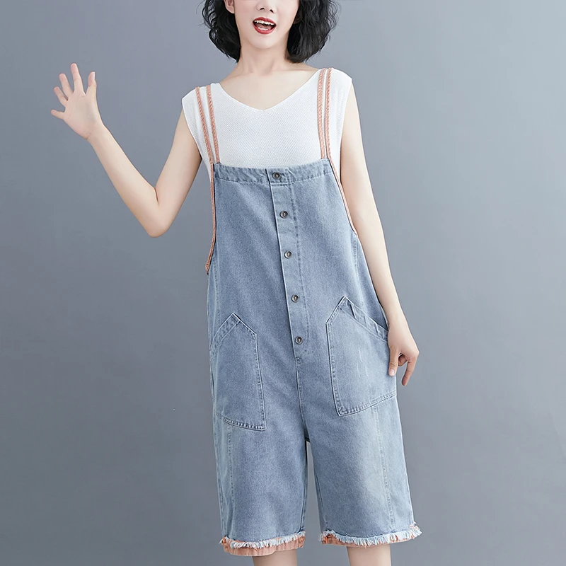 

#1444 Summer Casual Vintage Denim Playsuits Women Loose Sexy Wide Leg Overalls For Women Pockets Korean Style Short Jumpsuit