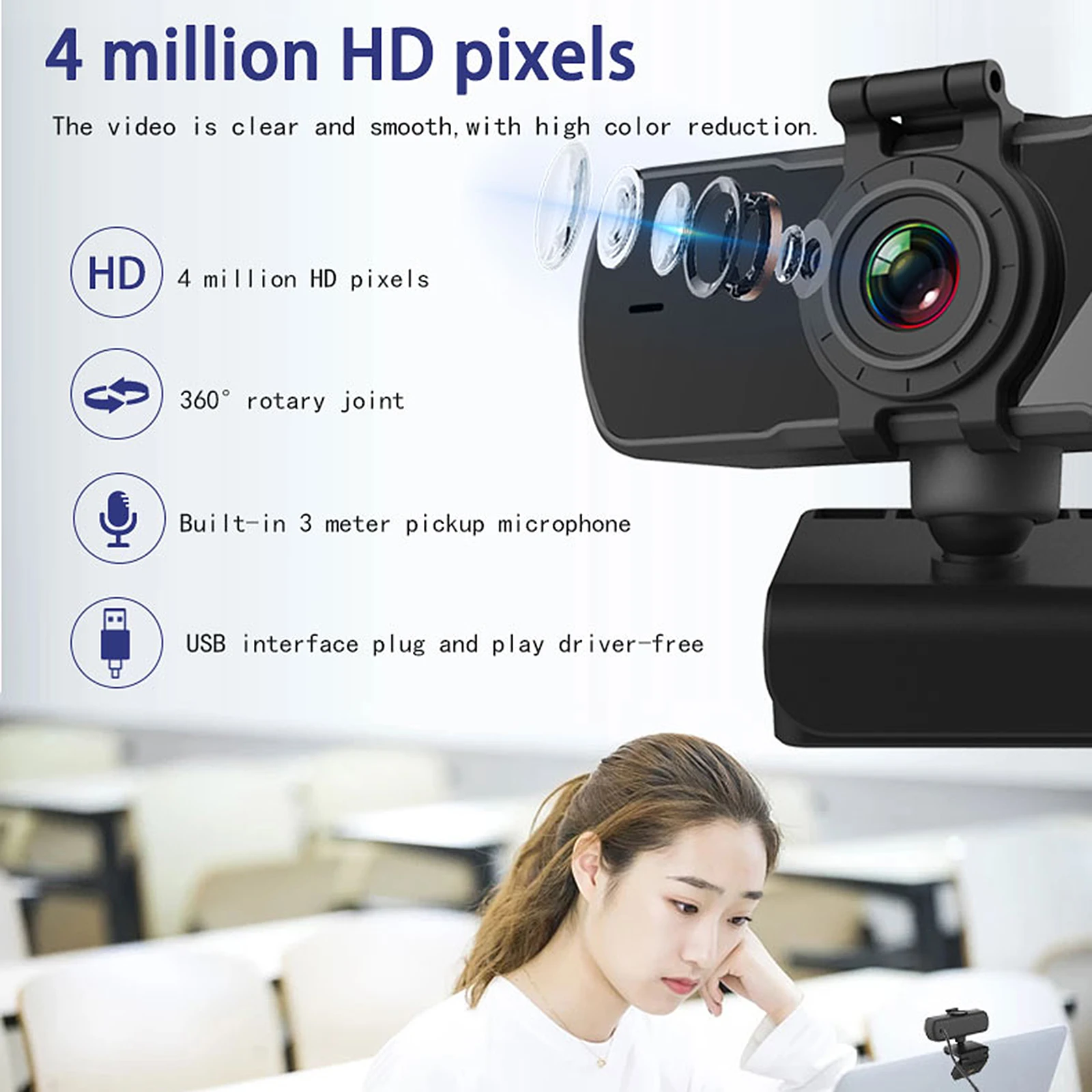 

Full HD Rotatable 2K Webcam with Mic Microphone Auto Focus HD Web Camera for PC Laptop Video Calling Studying
