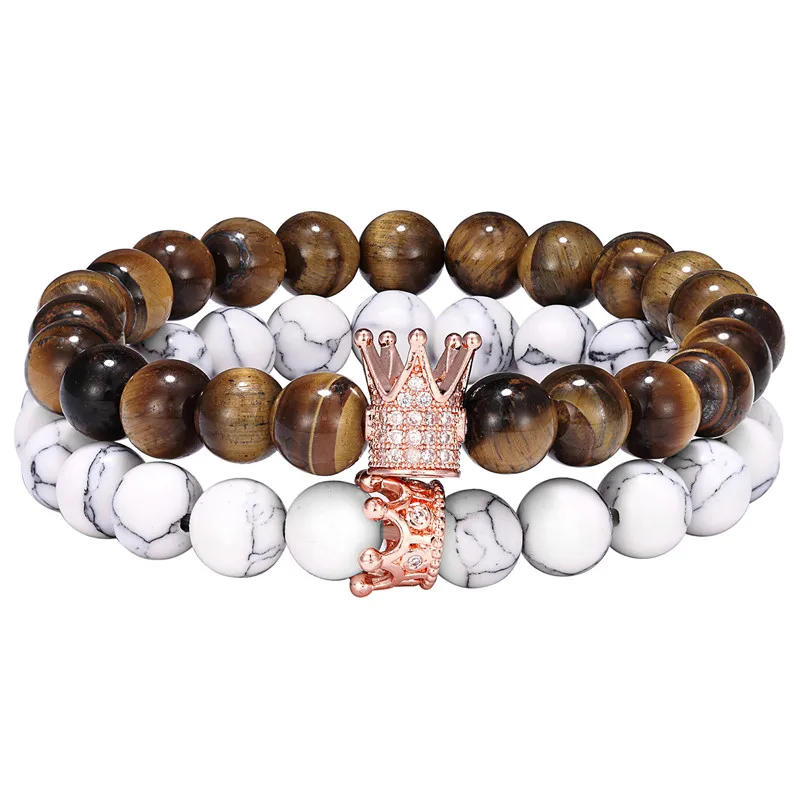 202 Crown Bracelet Couple Female Jewelry 8mm Natural Stone Micro Inlaid Zircon Gold andMen homme Gift | Украшения и аксессуары