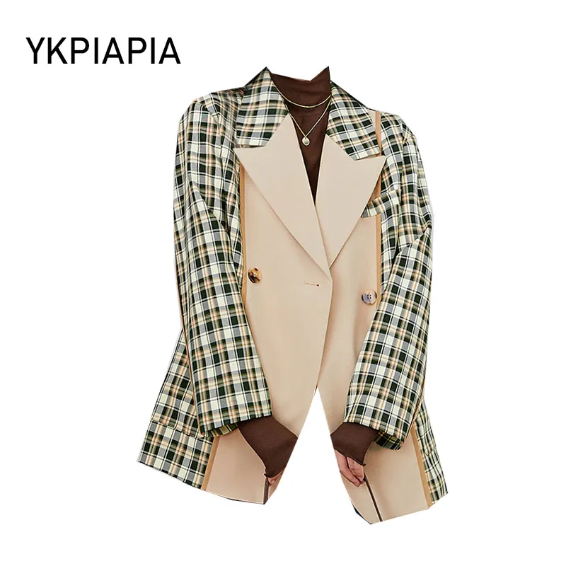 YKPIAPIA 2020 Модные женские клетчатые однотонные Лоскутные блейзеры и куртки для