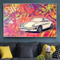 funny pink doll leopard and car poster painting on the canvas graffiti wall art prints picture for living kids room decoration