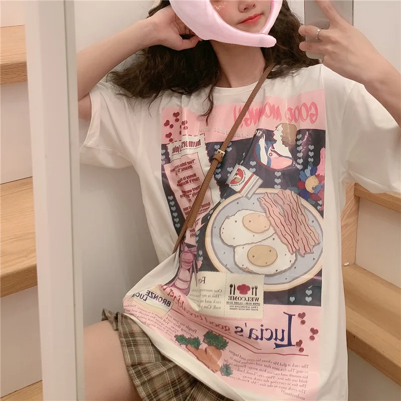 Корейская женская новая летняя футболка Kawaii с коротким рукавом и круглым вырезом, принт с изображением завтрака, модные футболки, повседневные свободные женские топы, футболки