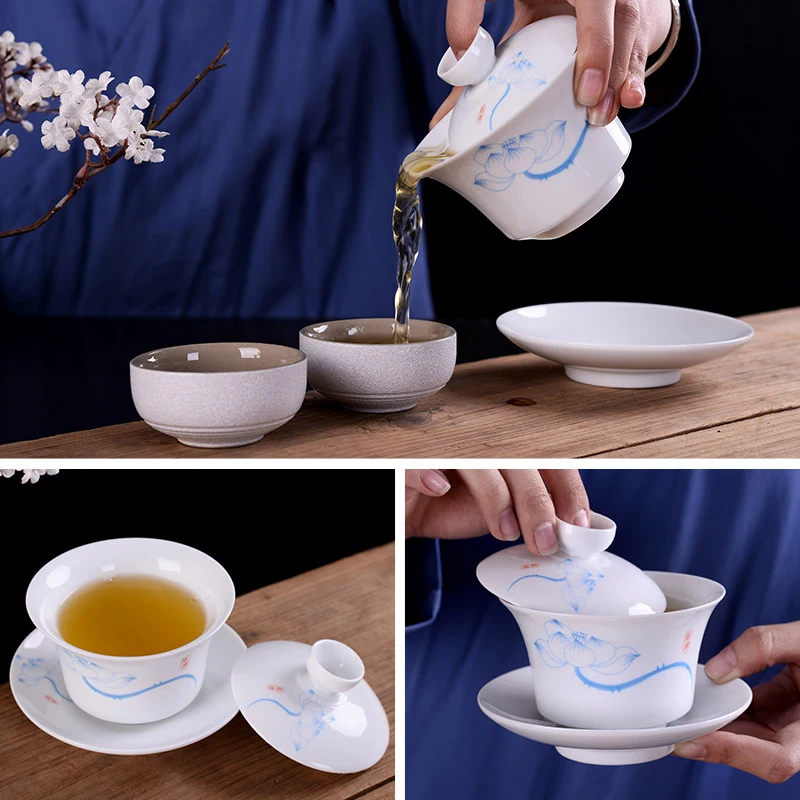 Ручная роспись синий и белый фарфор gaiwan чайная посуда китайский цвет чаша чашка с