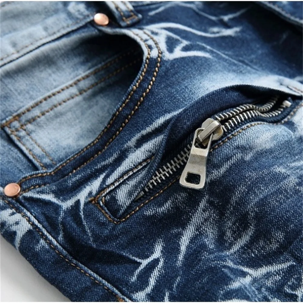 EH·MD® Zipper Pocket Jeans Male Bloodshot Decoration Stitching Striped Stretch Cloth 3D Crotch Slim Digital Printing New 2021