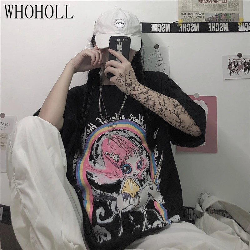 

Ins Academic Style Cartoon Gothic T-shirts Unisex Women Cartoon Girl Printing Loose Short-sleeved T-shirt Female Casual Top