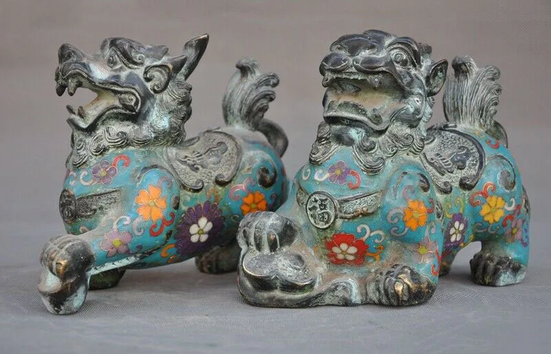

wedding decoration China bronze Cloisonne Enamel Feng Shui Foo Dog Lion unicorn Kirin kylin Statue