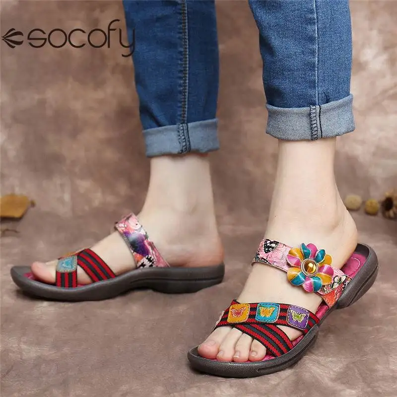 

SOCOFY Women Retro Style Flower Decor Sandals Striped Butterfly Pattern Open Toe Casual Flat Sandal Shoes Ladies Slippers 2020