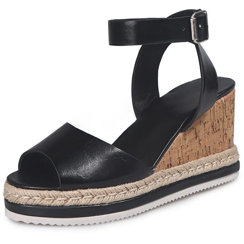 Женские босоножки из искусственной кожи винтажные на танкетке с открытым носком